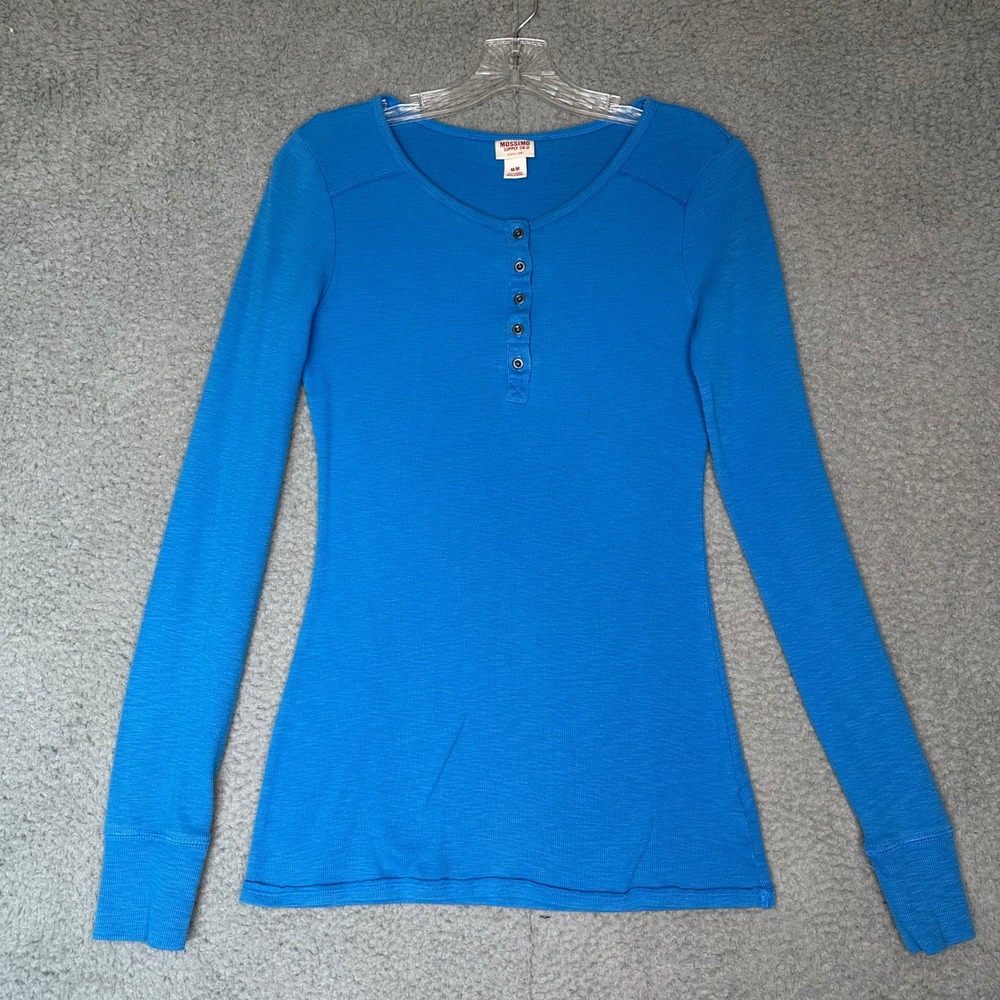 Mossimo Supply Co Womens Blue Ribbed Long Sleeve Henley Top Size M Medium
